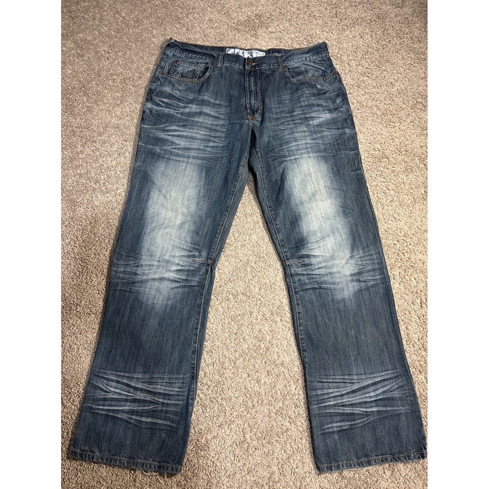 Y2K Akoo Mens Denim Jeans Size 38 Straight Leg Whiskered Faded Blue Streetwear